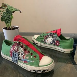 VINTAGE ED HARDY Ghost Green Skull & Geisha Low Top Sneakers w/ “Dog Tag”